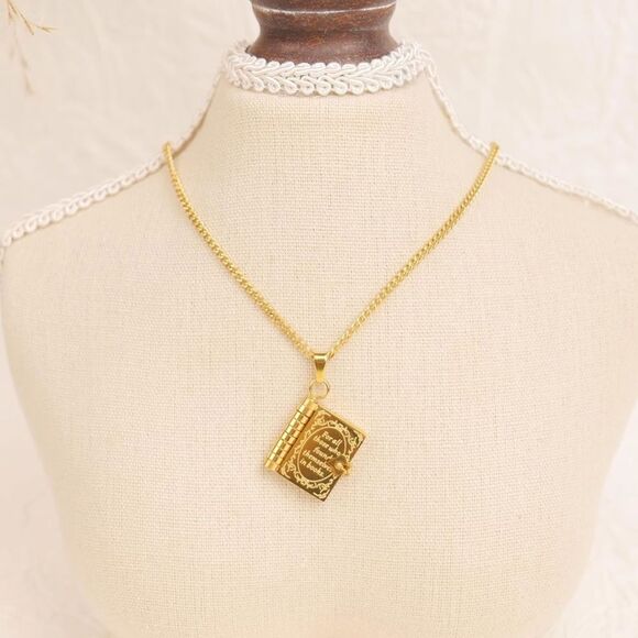 SALE 18k Stamped Gold Filled Elegant Book Lover Pendant Necklace - Picture 2 of 10